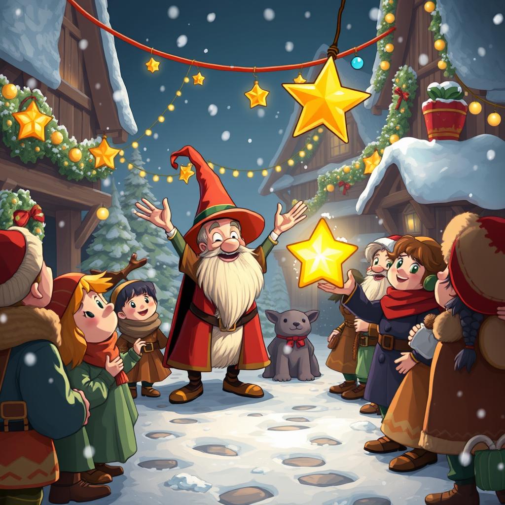 A lively and heartwarming scene in The Coldmaw Town, where a group of cheerful villagers encounters Mr