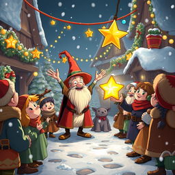 A lively and heartwarming scene in The Coldmaw Town, where a group of cheerful villagers encounters Mr