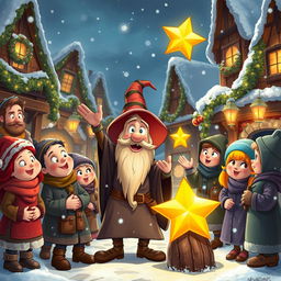 A lively and heartwarming scene in The Coldmaw Town, where a group of cheerful villagers encounters Mr