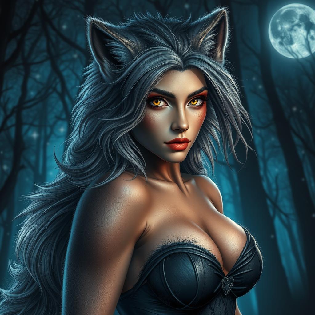 A stunningly fearless female werewolf exuding an irresistible seductive charm as she lures in the night