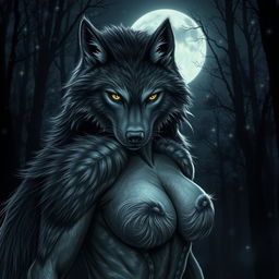 A stunningly fearless female werewolf exuding an irresistible seductive charm as she lures in the night