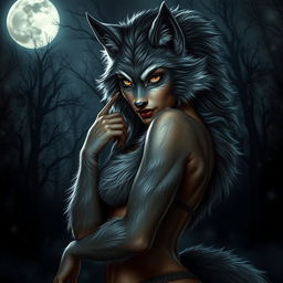 A stunningly fearless female werewolf exuding an irresistible seductive charm as she lures in the night