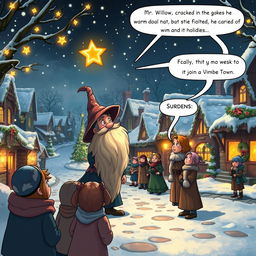 In the enchanting Coldmaw Town, a picturesque village blanketed in snow and adorned with festive decorations, a group of villagers observes Mr