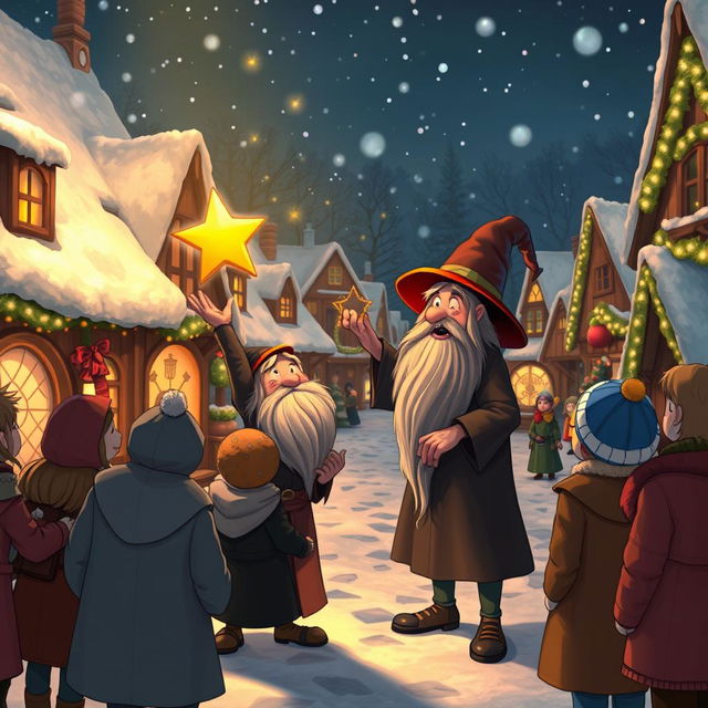 In the enchanting Coldmaw Town, a picturesque village blanketed in snow and adorned with festive decorations, a group of villagers observes Mr