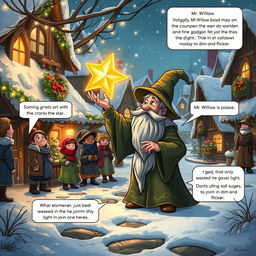 In the enchanting Coldmaw Town, a picturesque village blanketed in snow and adorned with festive decorations, a group of villagers observes Mr