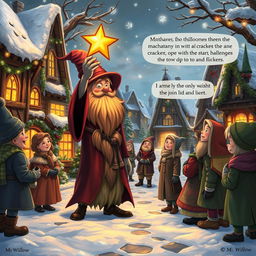 In the enchanting Coldmaw Town, a picturesque village blanketed in snow and adorned with festive decorations, a group of villagers observes Mr