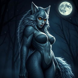 A captivating and fearless female werewolf with an alluring presence, standing in the moonlit night