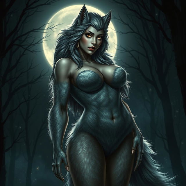 A captivating and fearless female werewolf with an alluring presence, standing in the moonlit night