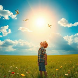 A serene scene of a young boy standing in an expansive open field, gazing upward with joy and wonder