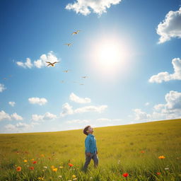 A serene scene of a young boy standing in an expansive open field, gazing upward with joy and wonder