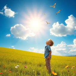 A serene scene of a young boy standing in an expansive open field, gazing upward with joy and wonder