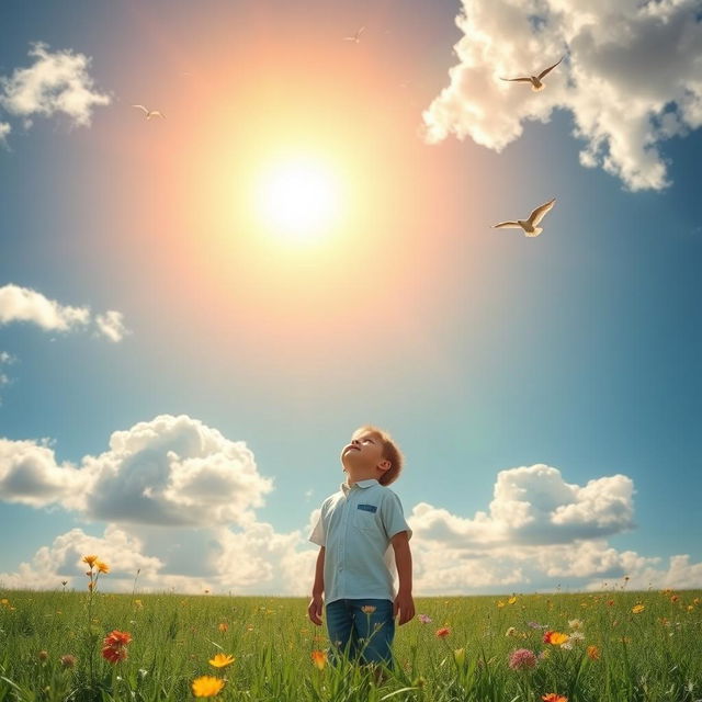 A serene scene of a young boy standing in an expansive open field, gazing upward with joy and wonder