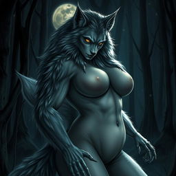 A mesmerizing and fearless female werewolf captivatingly luring in the night, with an enticing aura and alluring confidence