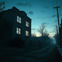 A tranquil yet eerie scene set in a zombie apocalypse, showcasing an abandoned building surrounded by overgrown foliage and silent streets