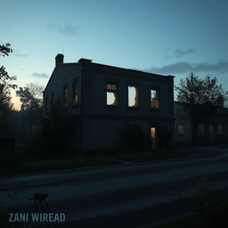 A tranquil yet eerie scene set in a zombie apocalypse, showcasing an abandoned building surrounded by overgrown foliage and silent streets
