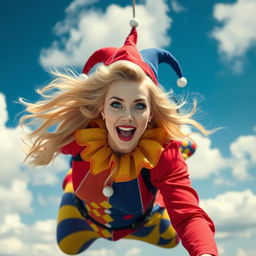 A beautiful blonde jester woman with striking blue eyes and bold red lips, falling gracefully from the sky