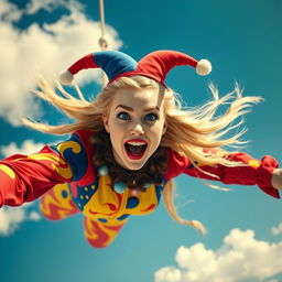 A beautiful blonde jester woman with striking blue eyes and bold red lips, falling gracefully from the sky