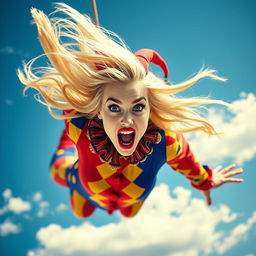 A beautiful blonde jester woman with striking blue eyes and bold red lips, falling gracefully from the sky