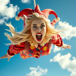 A beautiful blonde jester woman with striking blue eyes and bold red lips, falling gracefully from the sky