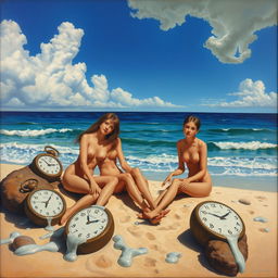 An oil painting depicting three topless girls lounging on a sandy beach, with surreal and dreamlike elements characteristic of Salvador Dali's style