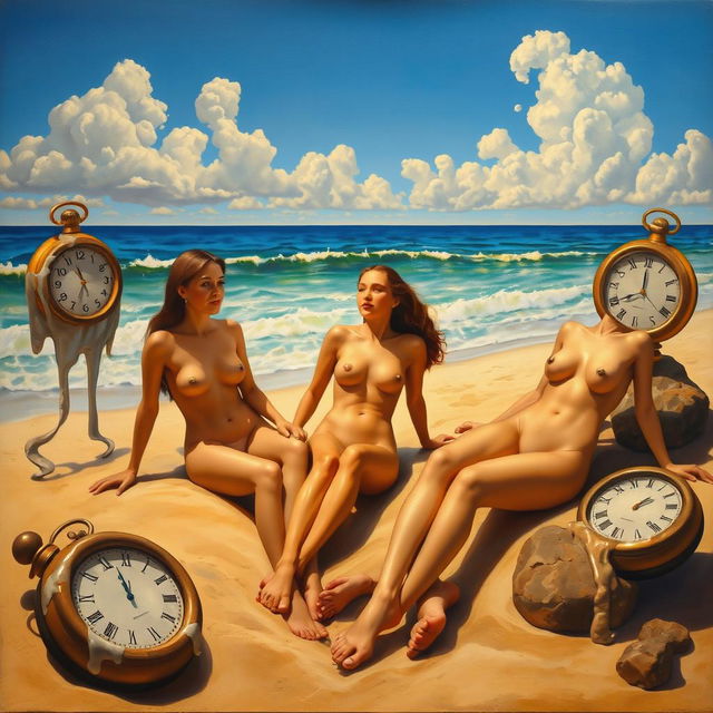 An oil painting depicting three topless girls lounging on a sandy beach, with surreal and dreamlike elements characteristic of Salvador Dali's style