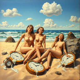 An oil painting depicting three topless girls lounging on a sandy beach, with surreal and dreamlike elements characteristic of Salvador Dali's style