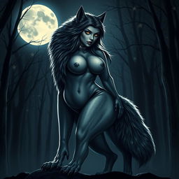 A strikingly fearless female werewolf standing imposingly yet alluringly in the night