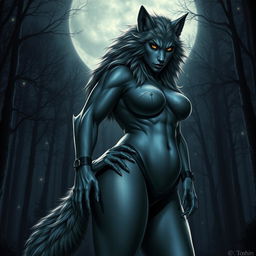 A strikingly fearless female werewolf standing imposingly yet alluringly in the night