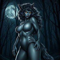 A strikingly fearless female werewolf standing imposingly yet alluringly in the night