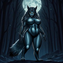 A strikingly fearless female werewolf standing imposingly yet alluringly in the night