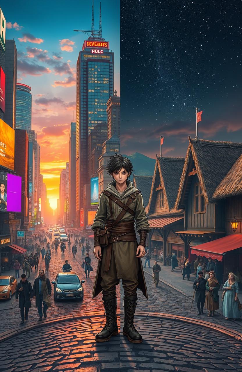 A captivating scene depicting a character living alternately in two worlds: one in a modern city bustling with skyscrapers, advanced technology, and vibrant neon lights, while the other is a medieval village with cobblestone streets, thatched roofs, and people dressed in historical attire