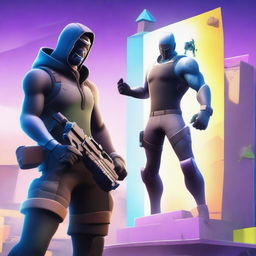 A high-quality digital art image depicting a Fortnite character with the building menu displayed in hand