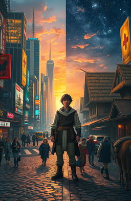 A captivating scene depicting a character living alternately in two worlds: one in a modern city bustling with skyscrapers, advanced technology, and vibrant neon lights, while the other is a medieval village with cobblestone streets, thatched roofs, and people dressed in historical attire