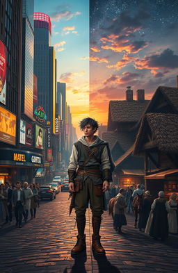 A captivating scene depicting a character living alternately in two worlds: one in a modern city bustling with skyscrapers, advanced technology, and vibrant neon lights, while the other is a medieval village with cobblestone streets, thatched roofs, and people dressed in historical attire
