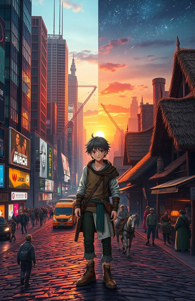 A captivating scene depicting a character living alternately in two worlds: one in a modern city bustling with skyscrapers, advanced technology, and vibrant neon lights, while the other is a medieval village with cobblestone streets, thatched roofs, and people dressed in historical attire