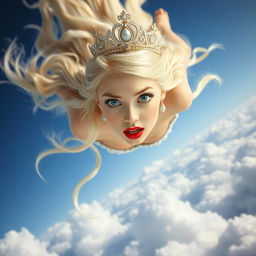 A beautiful blonde princess with long flowing hair, wearing an ornate tiara, has striking blue eyes and bright red lips