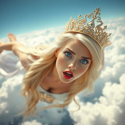 A beautiful blonde princess with long flowing hair, wearing an ornate tiara, has striking blue eyes and bright red lips