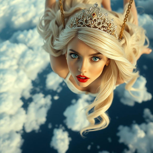 A beautiful blonde princess with long flowing hair, wearing an ornate tiara, has striking blue eyes and bright red lips