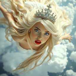 A beautiful blonde princess with long flowing hair, wearing an ornate tiara, has striking blue eyes and bright red lips