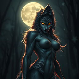 A fearless female werewolf exuding a captivating aura as she lures in the night