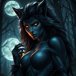 A fearless female werewolf exuding a captivating aura as she lures in the night