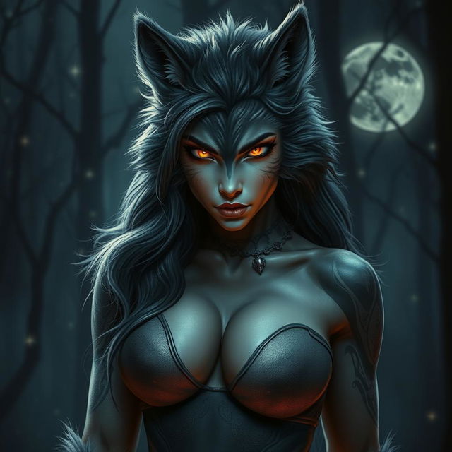 A fearless female werewolf exuding a captivating aura as she lures in the night