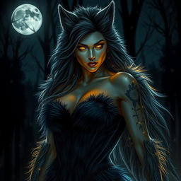 A fearless female werewolf exuding a captivating aura as she lures in the night