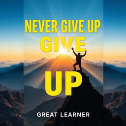 A motivational book cover design for 'Never Give Up' by Great Learner