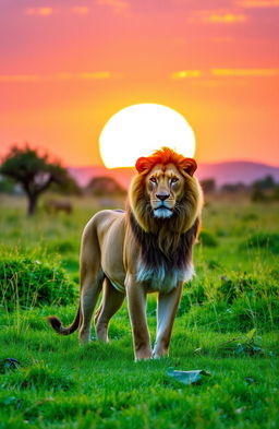 A majestic lioness standing proudly in a lush green savanna, bathed in the warm glow of a golden sunset
