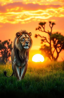 A majestic lioness standing proudly in a lush green savanna, bathed in the warm glow of a golden sunset