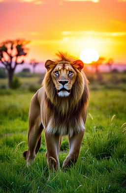 A majestic lioness standing proudly in a lush green savanna, bathed in the warm glow of a golden sunset