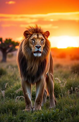 A majestic lioness standing proudly in a lush green savanna, bathed in the warm glow of a golden sunset