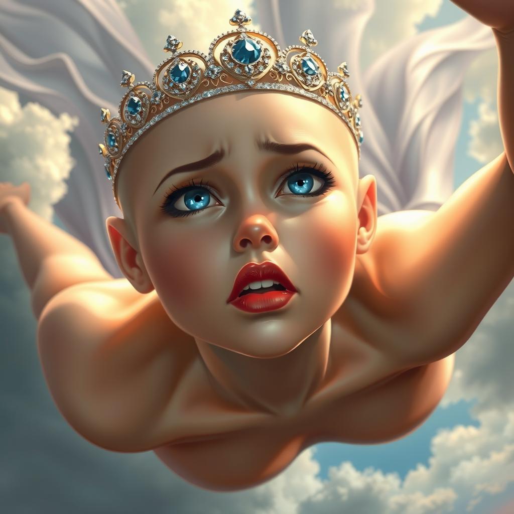 A beautiful bald princess with striking blue eyes and vivid red lips, depicted with an expression of fear as she falls gracefully from the sky