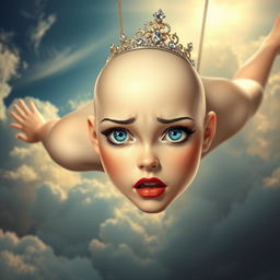 A beautiful bald princess with striking blue eyes and vivid red lips, depicted with an expression of fear as she falls gracefully from the sky